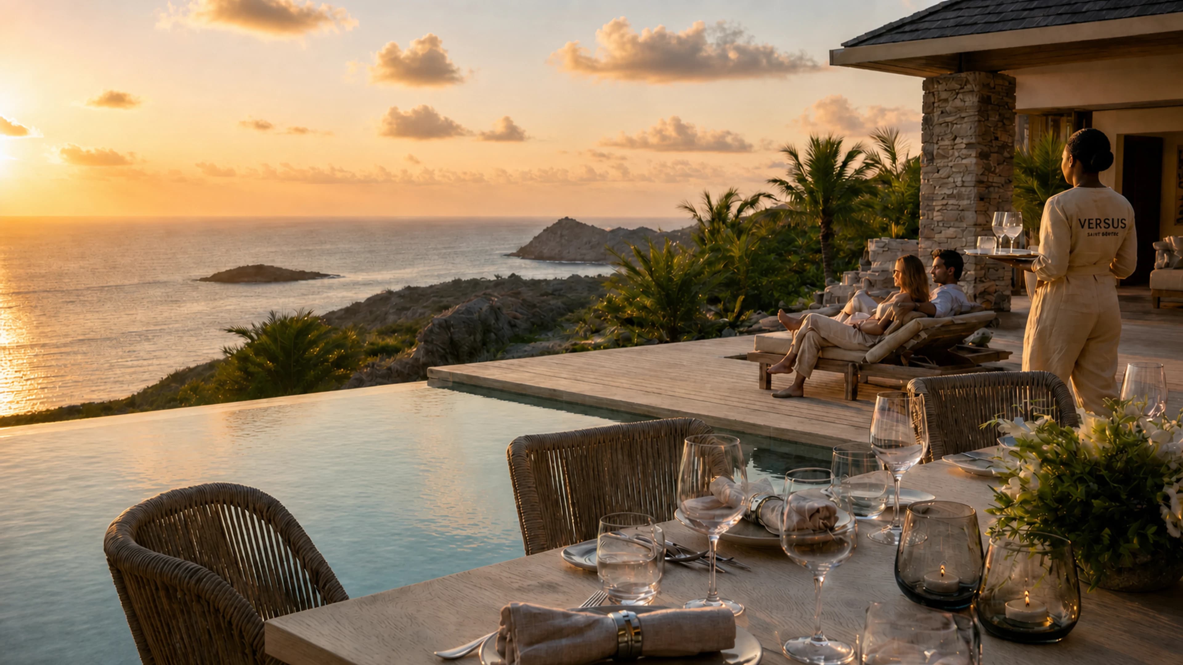 Terrasse de villa ouverte sur la mer au coucher du soleil